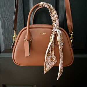 Coach Borough Bowling Brown Leather Handbag with Coach Scarf Accent